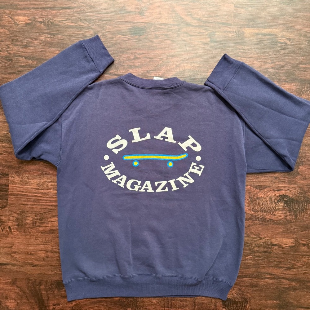 VINTAGE 90s SLAP MAGAZINE SWEATSHIRT CREWNECK BLUE SKATE TEE MEN'S S/M - Picture 12 of 12